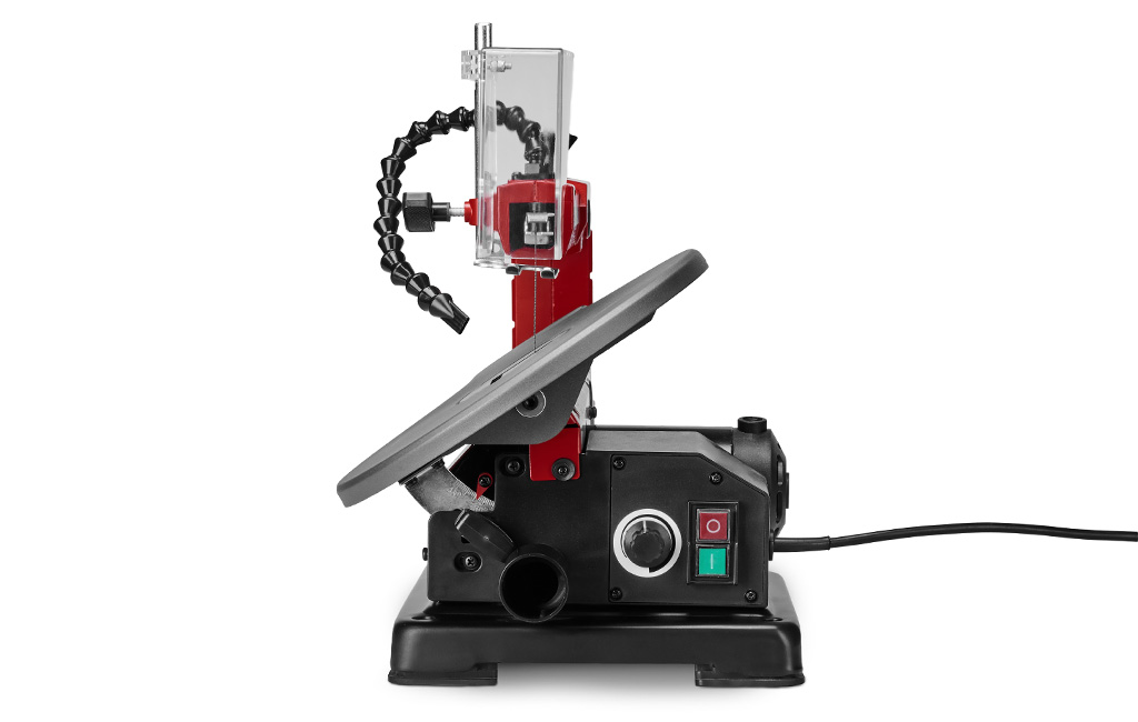 Side view of the Einhell scroll saw with tilted table, safety guard, and dust extraction port.