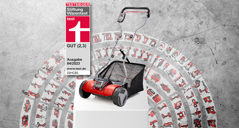 An Einhell cordless cylinder lawn mower rated "Good" (2.3) by Stiftung Warentest, issue 04/2023.