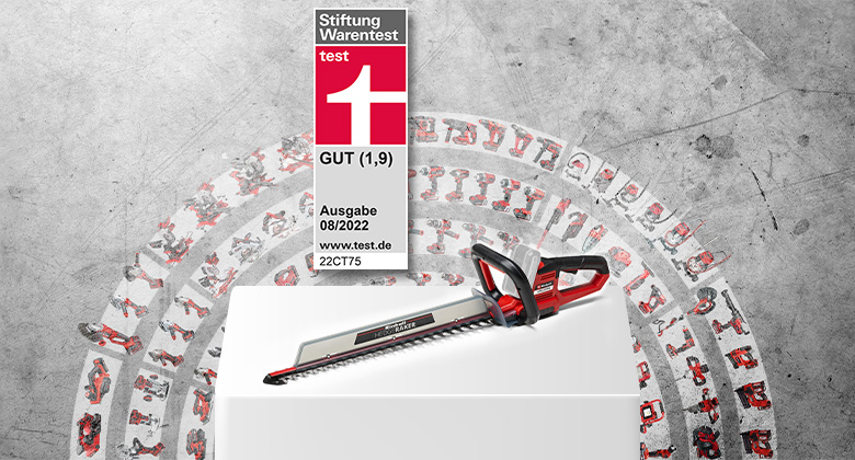 An Einhell cordless hedge trimmer rated "Good" (1.9) by Stiftung Warentest, issue 08/2022.