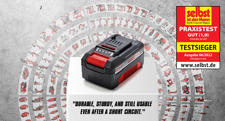 An Einhell Power X-Change battery rated "Good" (1.9) in a practical test by "selbst ist der Mann," with the quote "Durable, stable, and usable even after a short circuit."