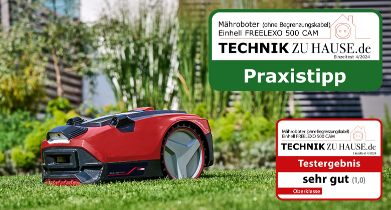 The Einhell robotic lawn mower FREELEXO CAM in a garden, rated "Very Good" (1.0) by "Technik zu Hause" and recommended as a practical tip.