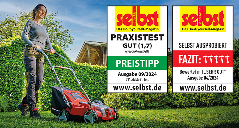 A woman scarifies the lawn with an Einhell cordless scarifier / aerator, rated "Good" (1.7) as a "Best Value" in the practical test by "selbst ist der Mann" in issue 09/2024 and "Very Good" in issue 04/2024.