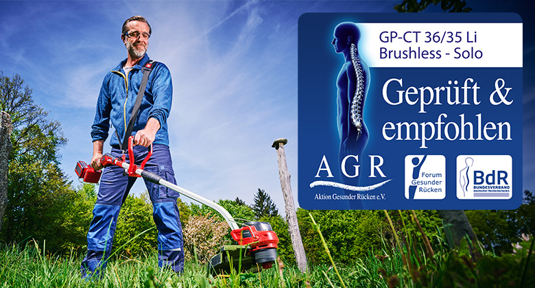 A man uses an Einhell cordless lawn trimmer, certified and recommended as back-friendly by the AGR.