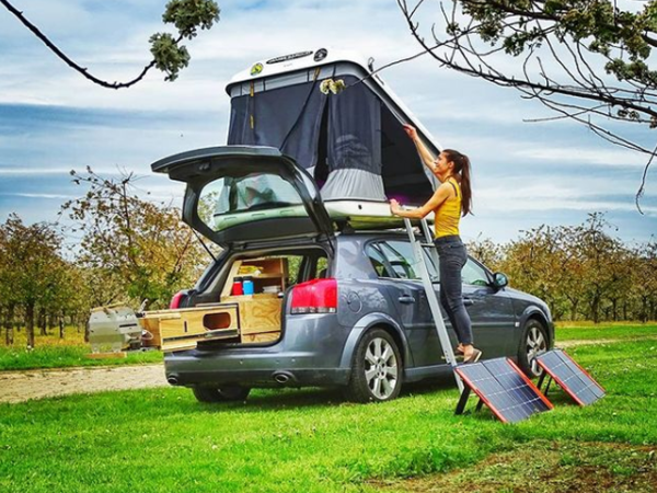 car with sleep attachment