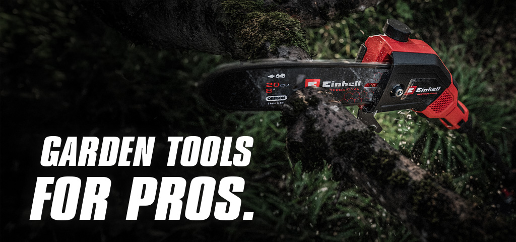 A red cordless chainsaw cuts through a branch, with the text "Garden Tools for Pros".