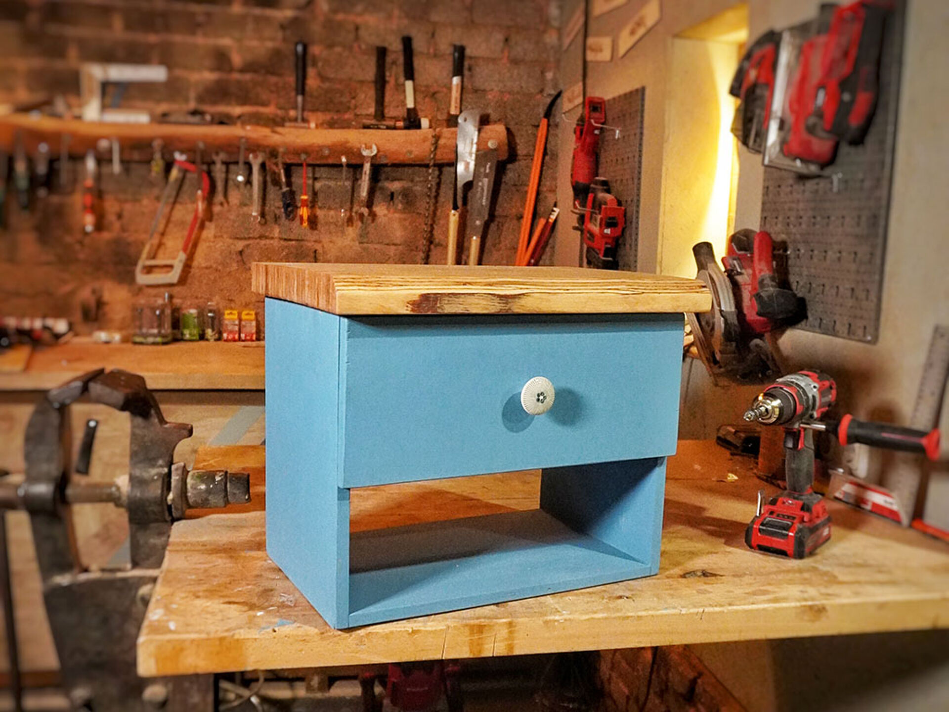 blue shelf with drawers