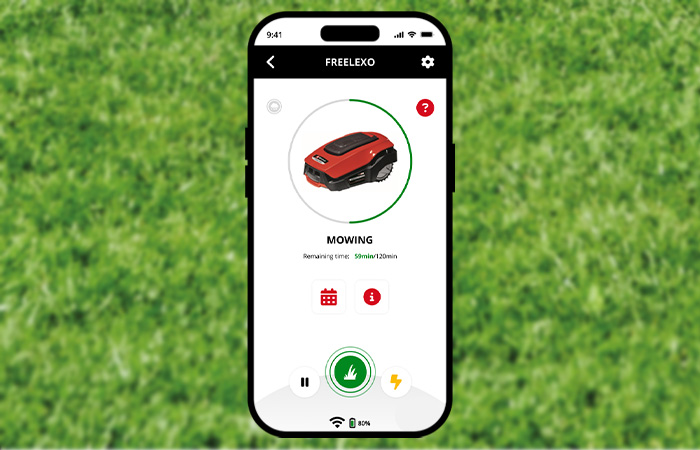 A smartphone displays the control interface of a robotic lawn mower in the Einhell Connect app with a green lawn in the background.